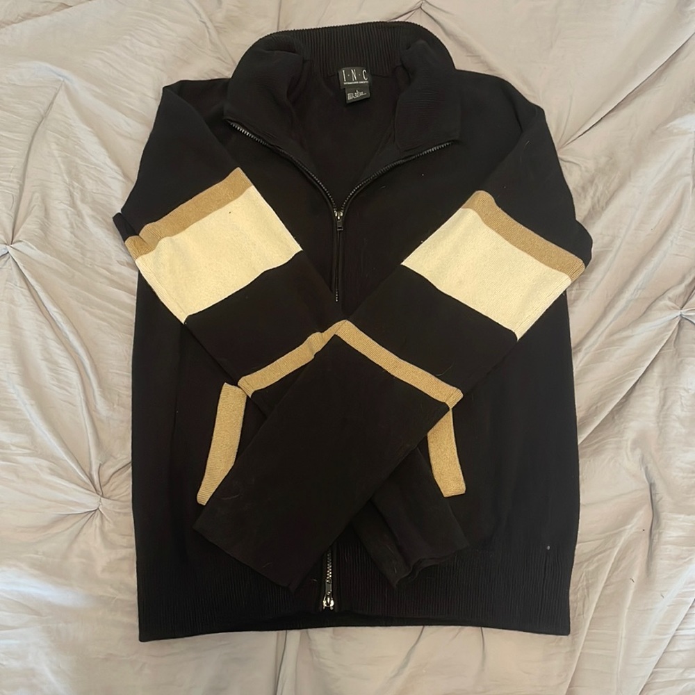 International Concepts Zip-Up, Black, Tan, and White- Size Large